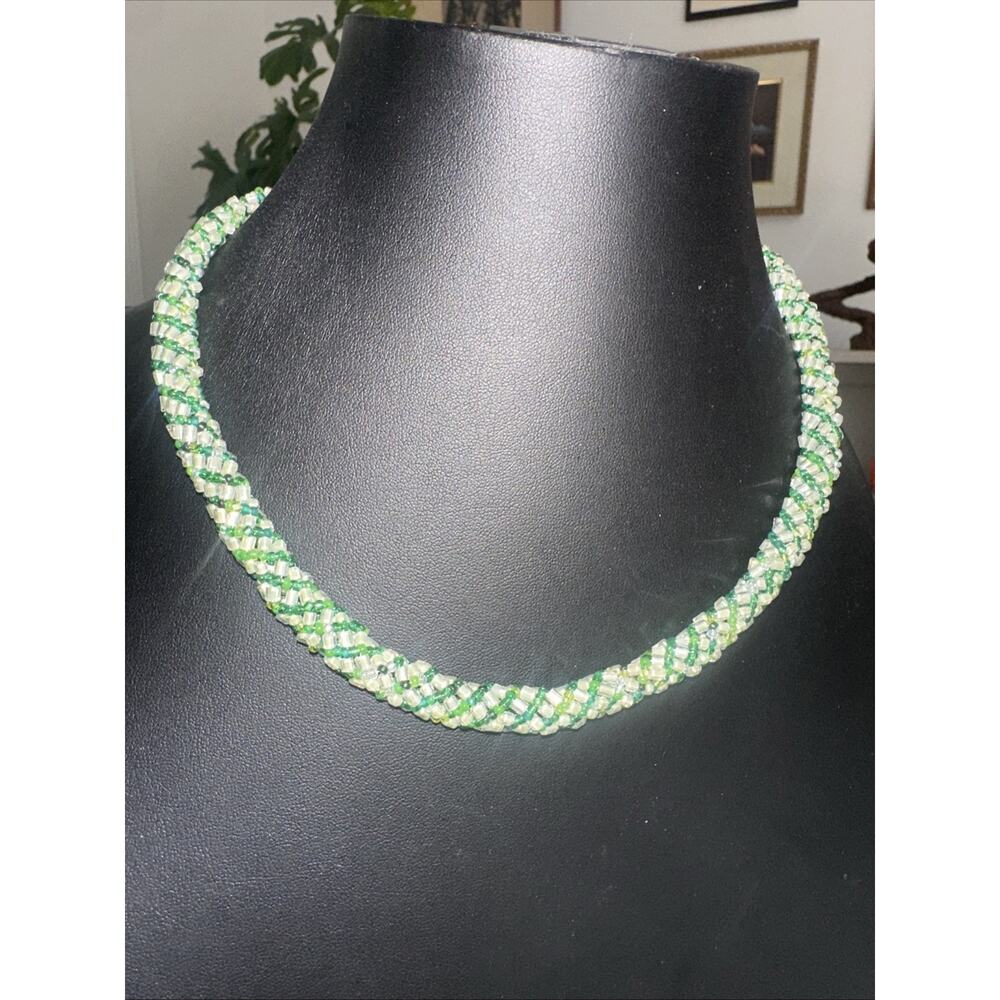 Handmade Green with White Clear and Green Glass Bead Necklace 19"